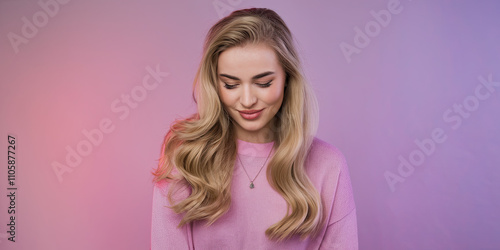 Smiling young woman with long, blonde, groomed hair, posing against a soft pastel flat background, radiating warmth, beauty, and confidence, perfect for beauty, fashion, and lifestyle themes.