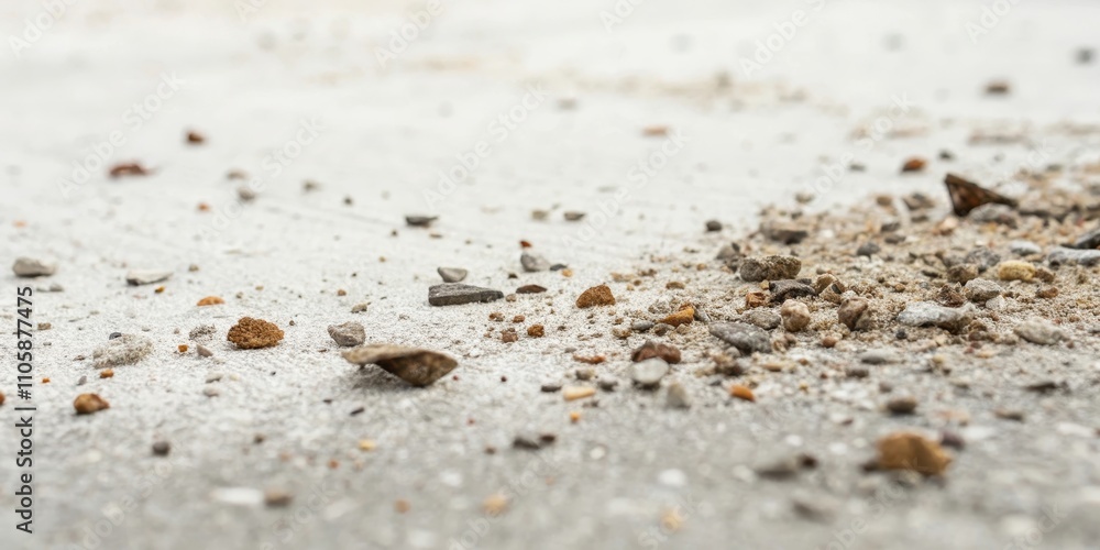 Close-up view of small stones and dust scattered on a light-colored surface Close-up view of small stones and dust scattered on a light-colored surface