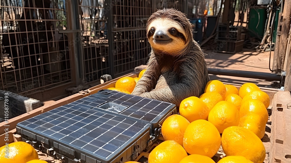 Fototapeta premium Sloth resting among oranges by a solar panel.