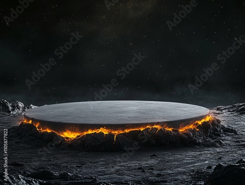 Mysterious podium surrounded by glowing lava on a distant planet at night