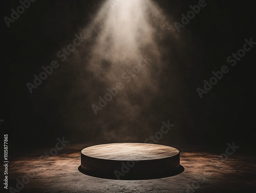 Wooden podium illuminated by spotlight in a darkened environment creating an atmosphere of anticipation