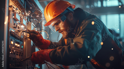 Professional electrician working on a power panel, wearing safety photo