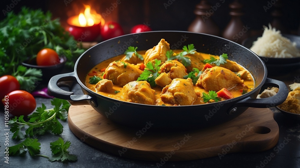 Chicken curry dish seasoned with parsley is served on a black frying pan. Chicken curry dish seasoned with parsley is served on a black frying pan.