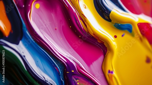 Abstract splashes of vibrant paint drips flowing in curved lines blending primary and neon colors with soft transitions creating a fluid motion across the canvas the colors mix 
with a glossy finish photo