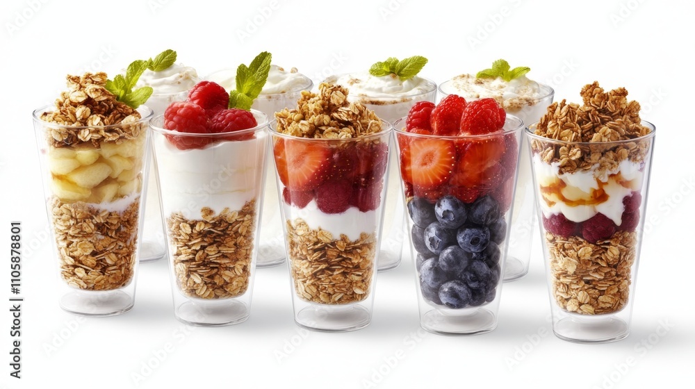 Assortment of Delicious Yogurt Parfaits in Clear Glasses Assortment of Delicious Yogurt Parfaits in Clear Glasses