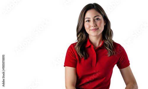 Smiling beautiful woman in a casual red shirt, isolated on transparent background.