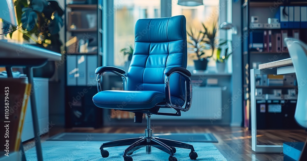 Any workspace can benefit from this cozy blue office chair with adjustable features and a high backrest, Generative AI. Any workspace can benefit from this cozy blue office chair with adjustable features and a high backrest, Generative AI.