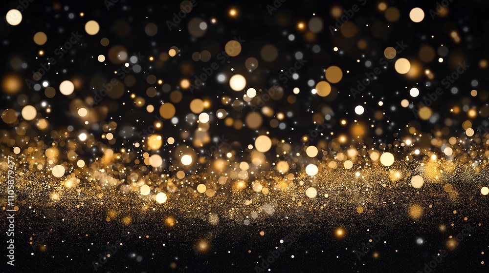 Obraz premium Abstract golden background with bokeh effect and shining defocused glitters. Festive gold texture for Christmas, New Year, birthday, celebration, greeting, victory, success, magic party.