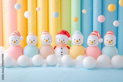 Cute pastel snowman figures in a cheerful line-up, surrounded by colorful winter balls photo