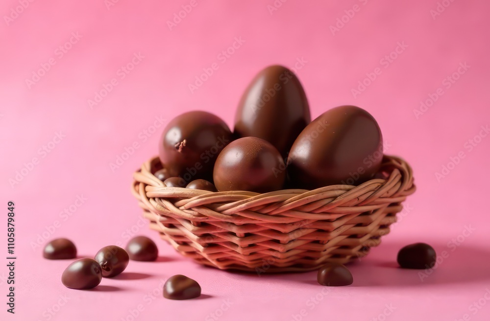 Naklejka premium Chocolate eggs in a basket on a pink background