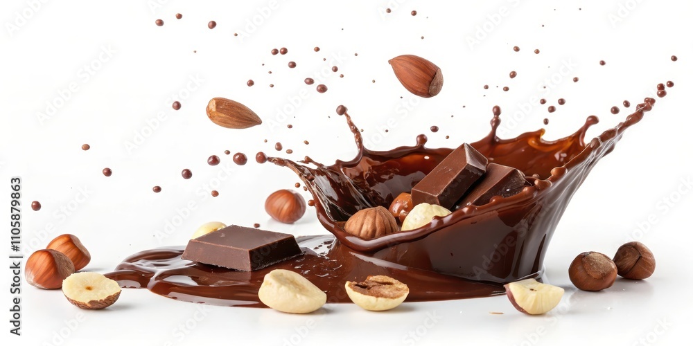 Fototapeta premium Delicious Melted Chocolate with Hazelnuts and Almonds Splashing