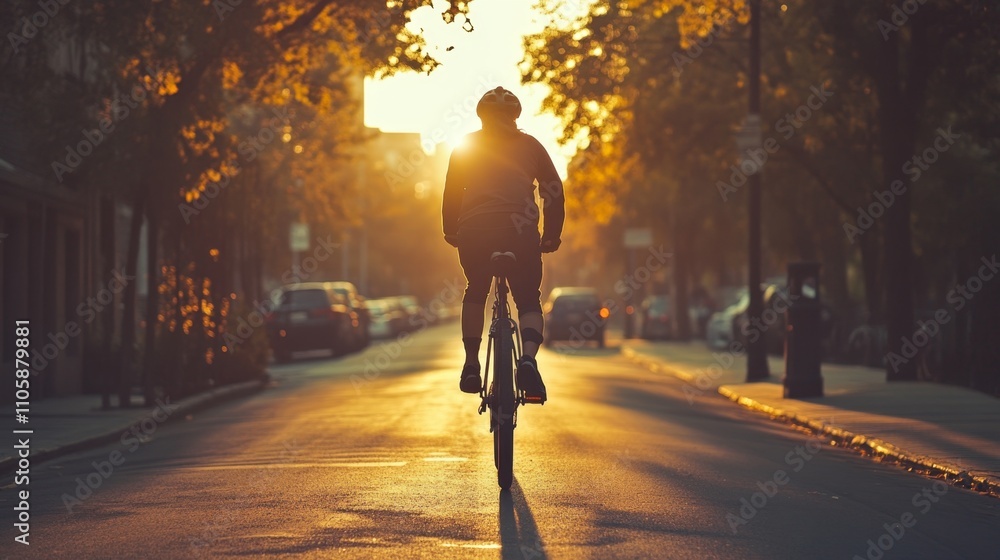 Bicyclist Riding Through Sunrise Lit Street on a Monday Morning Bicyclist Riding Through Sunrise Lit Street on a Monday Morning