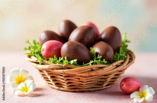 Chocolate eggs in a basket on a light flower background 