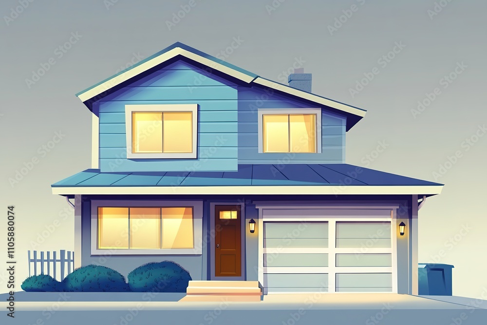 Cozy suburban house at dusk, warm lights from windows Cozy suburban house at dusk, warm lights from windows