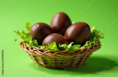 Chocolate eggs in a basket on a green background
