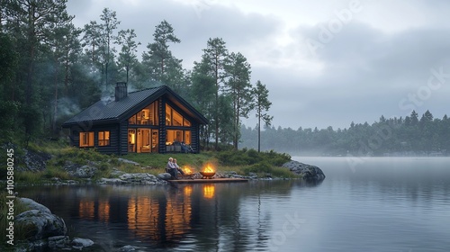 Cozy Lakeside Cabin Retreat with Crackling Firepit at Dusk Peaceful Retirement Lifestyle