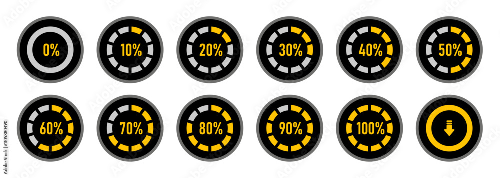 Infographic circle set 0 to 100 percent loading progress indicator in yellow and black color. Set of circle percentage diagrams for infographics 0 10 20 30 40 50 60 70 80 90 100 percent. Infographic circle set 0 to 100 percent loading progress indicator in yellow and black color. Set of circle percentage diagrams for infographics 0 10 20 30 40 50 60 70 80 90 100 percent.