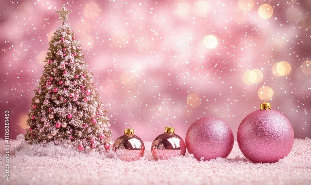 Christmas tree decorations, pink ornaments, snowy background, festive atmosphere, sparkling lights Christmas tree decorations, pink ornaments, snowy background, festive atmosphere, sparkling lights