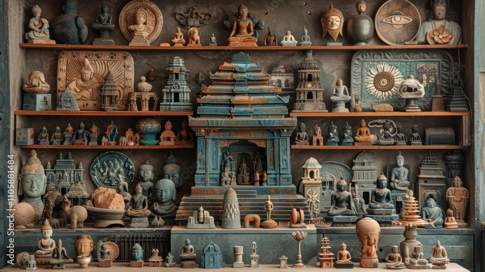 Diverse display of antique sculptures ceramic vases and religious figurines arranged on rustic wooden shelves The eclectic collection showcases a range of cultural and historical artifacts Diverse display of antique sculptures ceramic vases and religious figurines arranged on rustic wooden shelves The eclectic collection showcases a range of cultural and historical artifacts