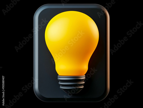 Vivid yellow light bulb icon glowing on a solid black background. photo