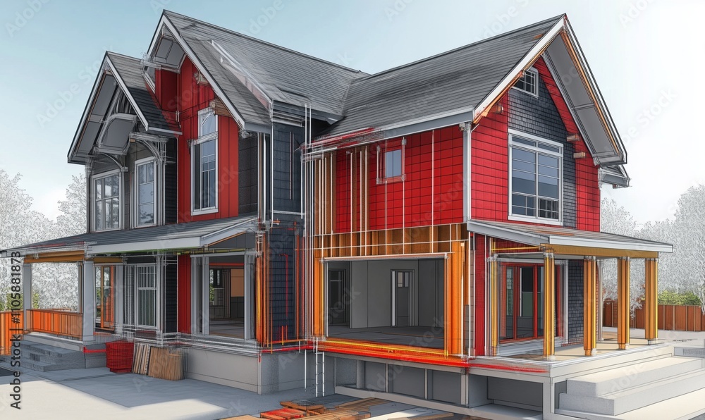 Architectural house design with construction details, showcasing exterior materials, structural elements, and modern aesthetics. Architectural house design with construction details, showcasing exterior materials, structural elements, and modern aesthetics.