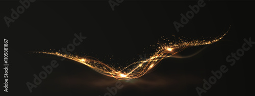 Gold curved light line, rope, spiral, tape. Smooth festive gold line png with light effects. Light golden Twirl png. Curve light effect of golden line.	
