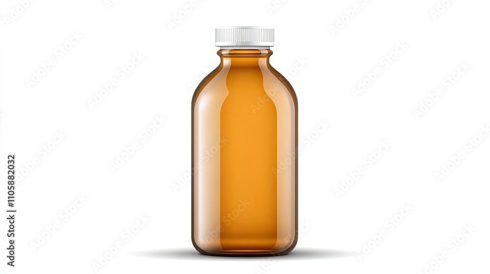 Empty amber glass bottle with white screw cap on a clean white background, ideal for packaging pharmaceuticals, cosmetics, or beverages, showcasing product design versatility. Empty amber glass bottle with white screw cap on a clean white background, ideal for packaging pharmaceuticals, cosmetics, or beverages, showcasing product design versatility.