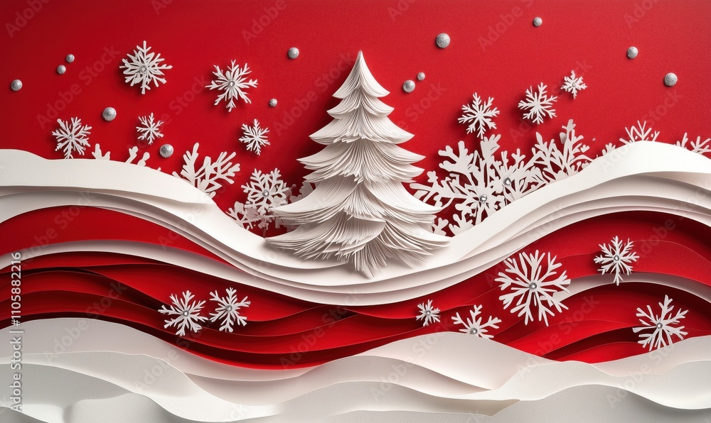 Christmas paper art scene with tree, snowflakes, waves, red background, white layers Christmas paper art scene with tree, snowflakes, waves, red background, white layers