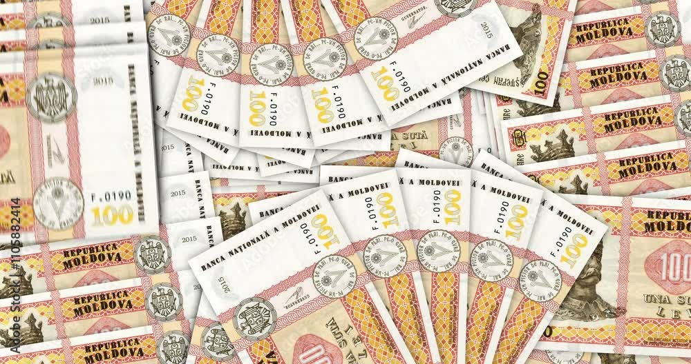 Moldova money Moldavian Lei banknotes in a cash fan mosaic pattern loop. 100 MDL notes. Abstract concept of bank, finance, economy seamless and looped design background. Moldova money Moldavian Lei banknotes in a cash fan mosaic pattern loop. 100 MDL notes. Abstract concept of bank, finance, economy seamless and looped design background.