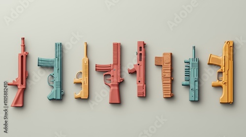 A collection of colorful toy guns arranged in a line on a neutral background. photo