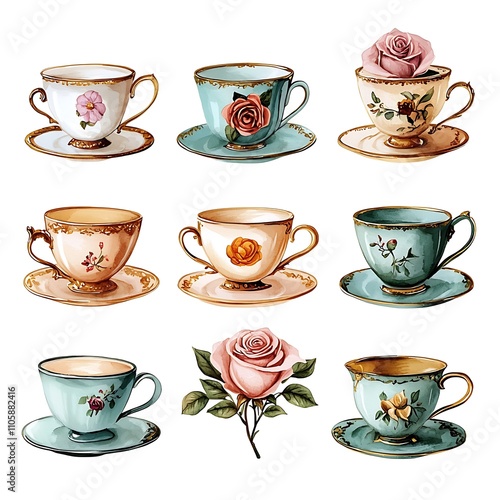 Collection of Watercolor Teacups and Roses Elegant Vintage Tea Party Design Elements.