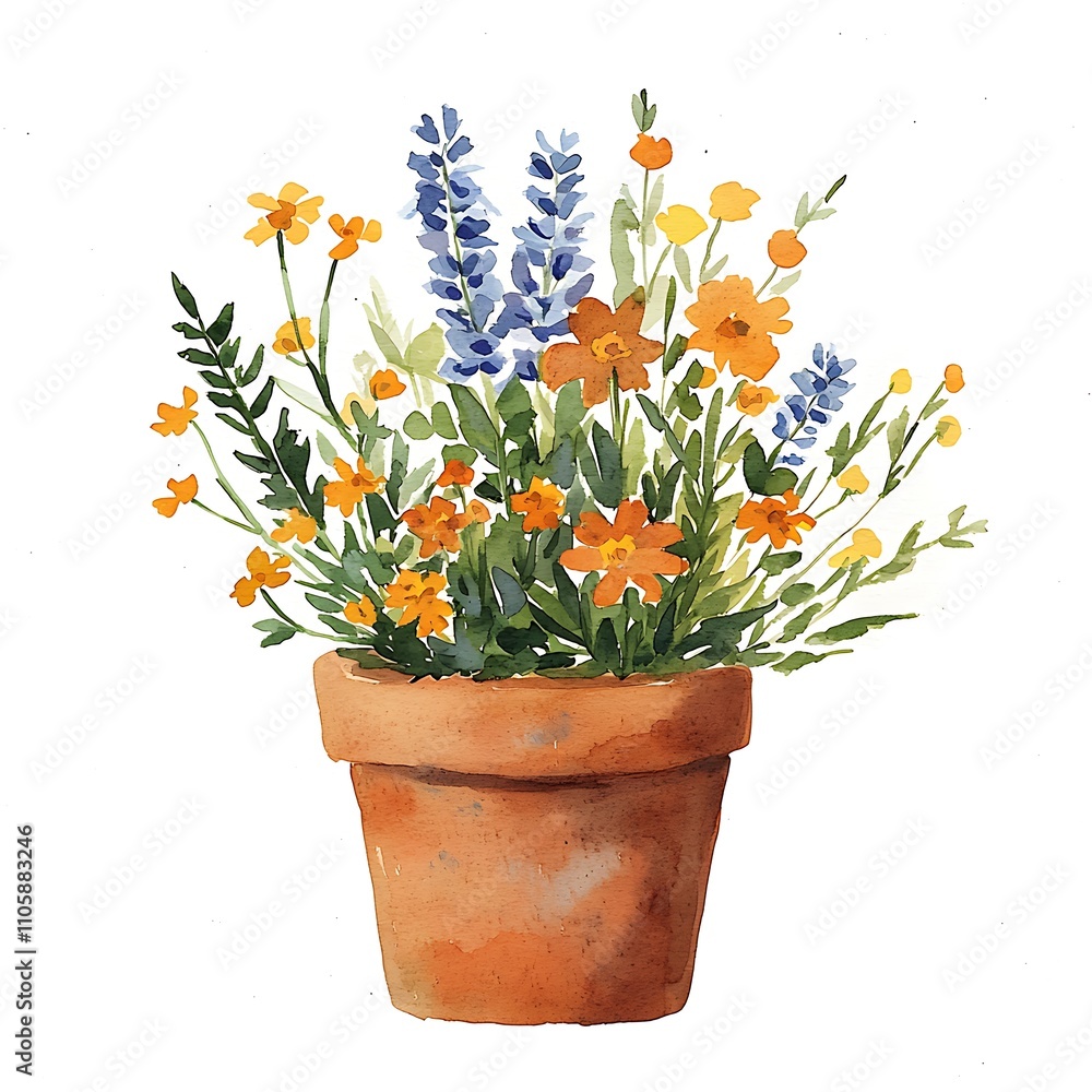 Watercolor Painting of a Terracotta Pot Filled with Orange and Blue Flowers. Watercolor Painting of a Terracotta Pot Filled with Orange and Blue Flowers.