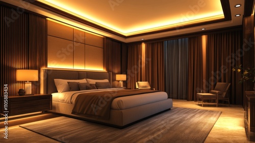 Luxurious Modern Bedroom Design with Warm Lighting and Elegant Decor