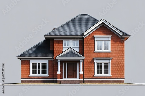 Red brick house with dark roof on clear background