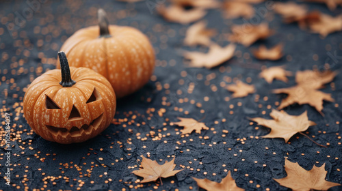 Two small jack-o'-lanterns placed on a dark textured surface scattered with autumn leaves and orange confetti, creating a festive Halloween setting photo