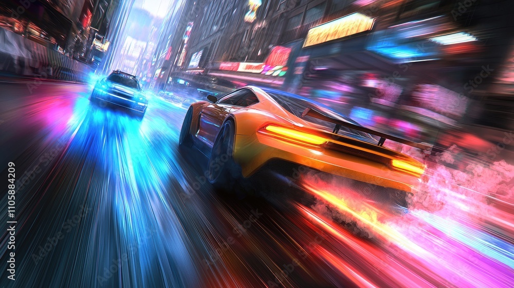 Dynamic Night Race with Speeding Sports Cars in a Neon Cityscape, Blurring Lights and Motion Conveying Energy and Excitement of Urban Street Racing Dynamic Night Race with Speeding Sports Cars in a Neon Cityscape, Blurring Lights and Motion Conveying Energy and Excitement of Urban Street Racing