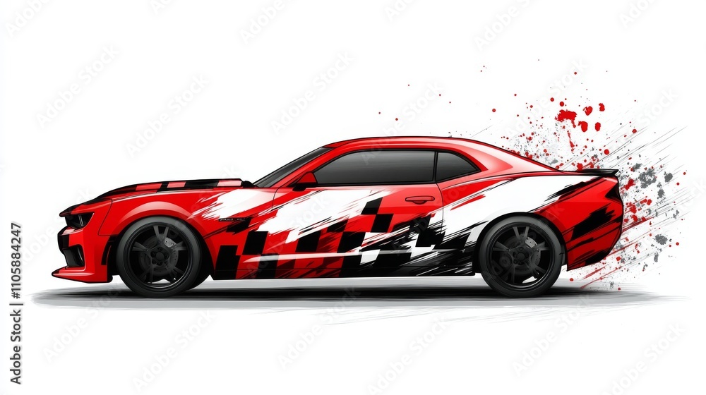 Fototapeta premium Stunning Red Racing Car Design with Dynamic Graphics - A Powerful and Sporty Vehicle