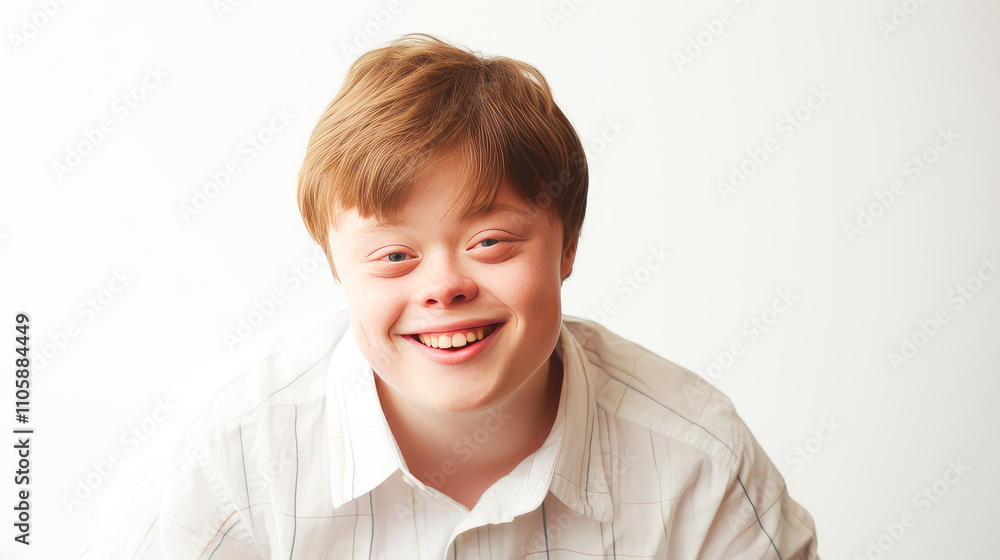 Portrait of smiling laughing teenager guy with Down syndrome white background. Portrait of smiling laughing teenager guy with Down syndrome white background.