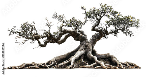 
Large old tree with gnarled roots and twisted branches and without leafs and transparents background [PNG]