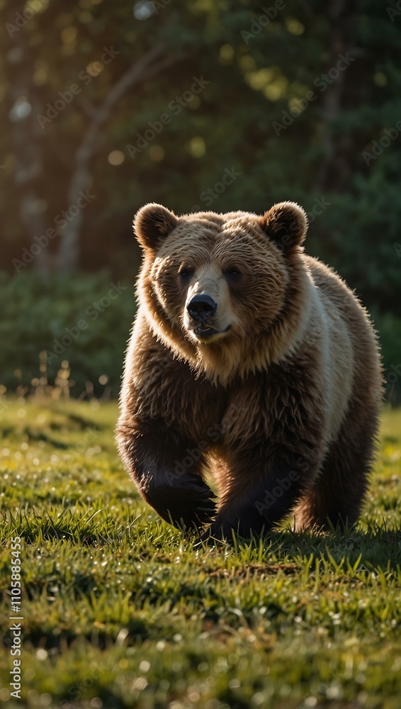 Fototapeta premium Cute bear running freely in sunlight.