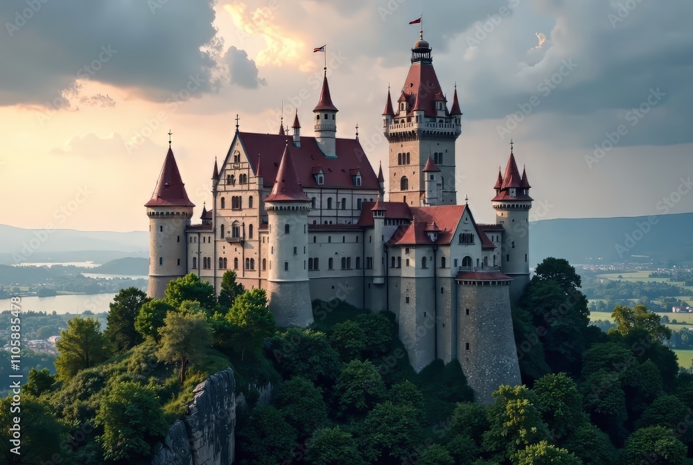 Fototapeta premium Corvin's Castle Hunedoara Romania - Medieval Fortress, Dramatic Landscape, AI Photorealistic