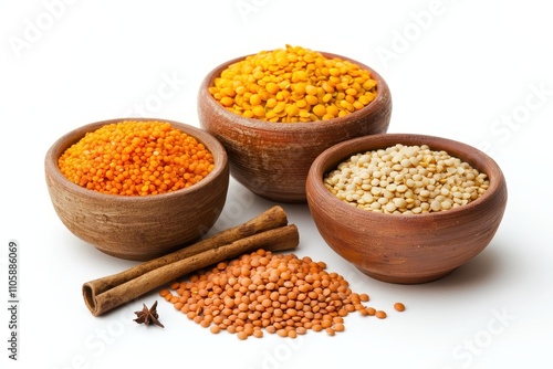 Colorful Bowls of Lentils and Spices on White Background