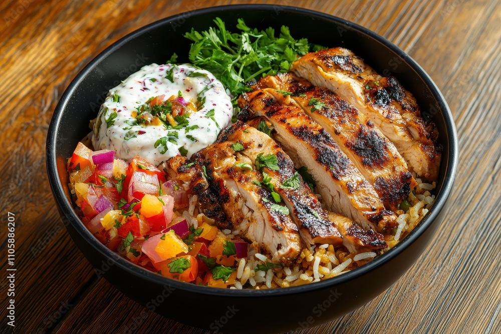 Fototapeta premium Grilled Chicken Bowl with Rice, Salad, and Yogurt Sauce Close-Up