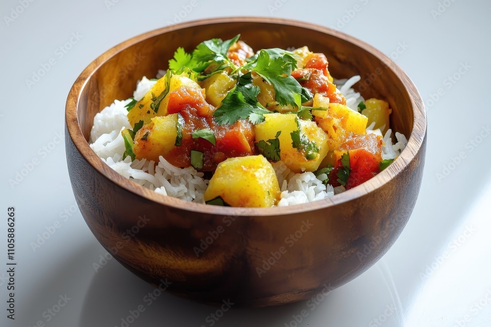 Fresh Vegetable Curry with Rice in Wooden Bowl Garnished Herbs Fresh Vegetable Curry with Rice in Wooden Bowl Garnished Herbs