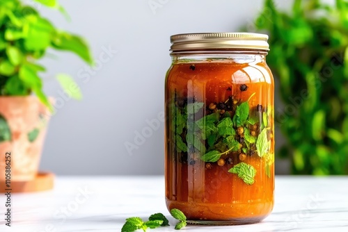 Fresh Mint Infused Tomato Sauce in Glass Jar with Green Leaves photo