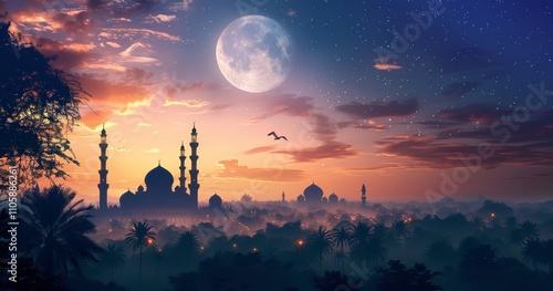 Arabian Nightscape: Mysterious moonnight view, Generative AI. photo