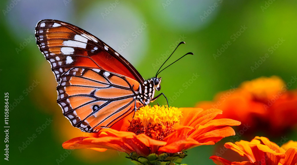 A butterfly resting on a vibrant flower, with intricate wing patterns captured in perfect clarity against a soft bokeh background A butterfly resting on a vibrant flower, with intricate wing patterns captured in perfect clarity against a soft bokeh background