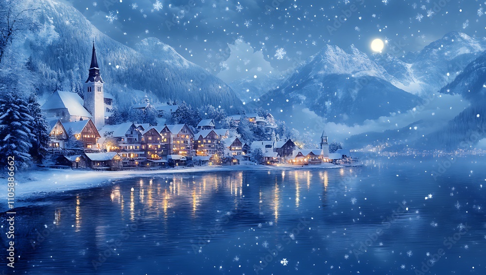 Obraz premium A Beautiful Snow-Covered Village, Surrounded by Mountains and Illuminated with Warm Lights, Christmas Wonderland Scene