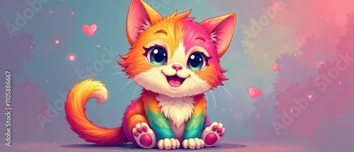 Cute Cartoon Rainbow Cat Illustration, Adorable Kitten, Colorful Cat Art