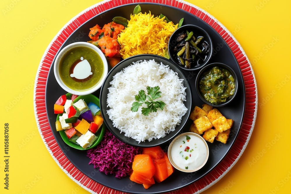 Colorful Indian Cuisine Platter with Rice and Traditional Dishes Colorful Indian Cuisine Platter with Rice and Traditional Dishes